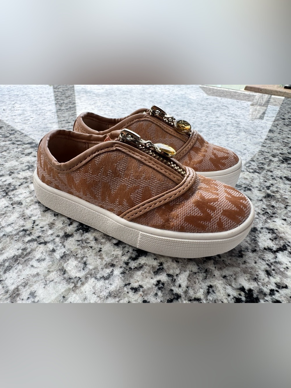 Michael Kors Zip-Front Slip-On Sneakers in Tan Monogram Jacquard